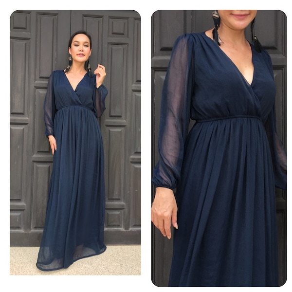 Navy blue  dress chiffon long sleeve v neck long maxi dress all size