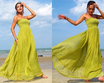 Olive green silk chiffon Strapless  Beach evening long maxi Sun dress