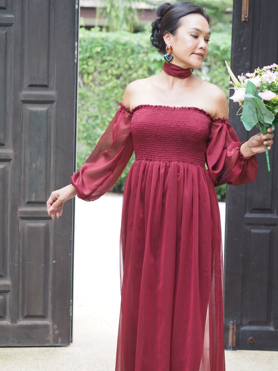 Rotes bordeauxrotes Kleid Chiffon langarm von der Schulter - Etsy Österreich