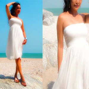 White chiffon Strapless  Beach evening short Sun dress all size