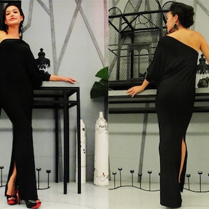 Black  one shoulder long sleeve  evening long dress Elegance all size