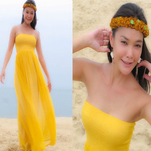 Brautjungfer Gelb Chiffon Trägerloses Umstandskleid Strand langes Maxikleid alle Größen