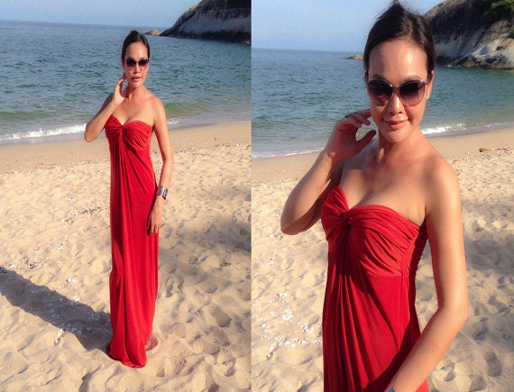 red strapless maxi dress