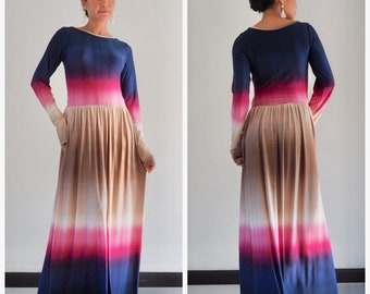 Colorful long sleeve dress,blue dress, brown long dress , Beach Dress,long dress,maxi dress,Sun dress