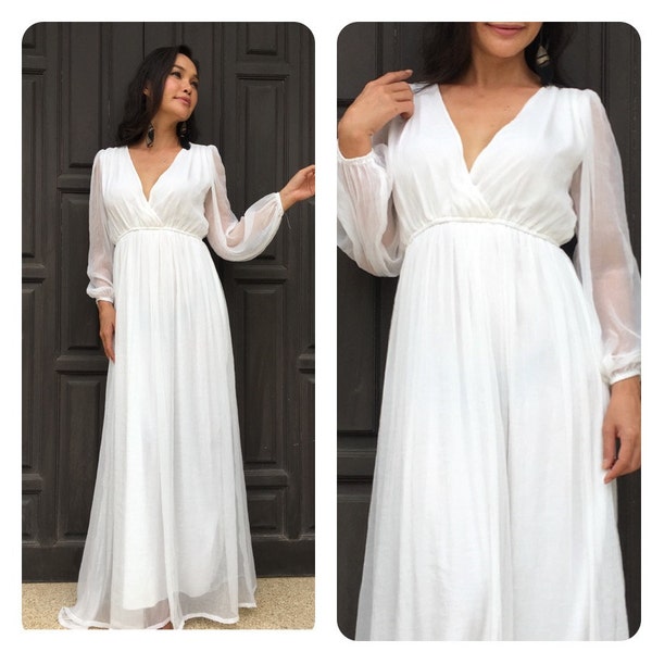 Wedding dress,white dress ,chiffon dress,long dress,long sleeve dress,  v neck dress, long maxi dress