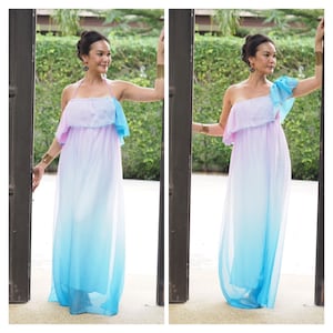 4 in 1 Gradient chiffon blue purple dress long maxi ,Halter ,Off shoulder,One shoulder dress , Short sleeve dress..all size
