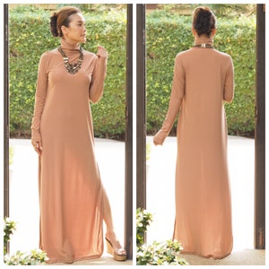 Beige light brown Turtleneck dress,Maxi dress,Long dress,Long sleeve dress, Dress all size