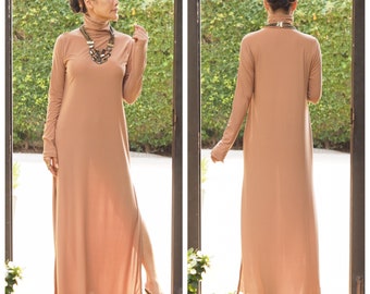 Beige light brown Turtleneck dress,Maxi dress,Long dress,Long sleeve dress, Dress all size