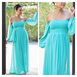 Bridesmaid dress  Aqua  turquoise  chiffon off shoulder long sleeve Beach long maxi  dress