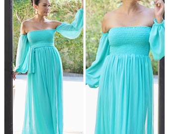 Bridesmaid dress  Aqua  turquoise  chiffon off shoulder long sleeve Beach long maxi  dress