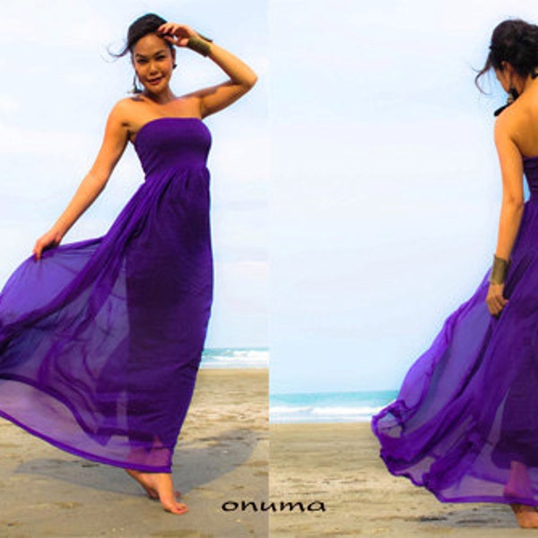 Purple chiffon Strapless  Beach evening long maxi Sun dress all size