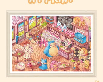 PokeCafe · A4 Druck · Pokemon · Niedliche Wandkunst · Magisch