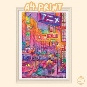 Magical Metro - A4 Print | Cat, Witch, Magic, Cute, Kawaii, Aesthetic, Watercolour, Wall Art, Illustration, Fantasy, Neon, City, Anime