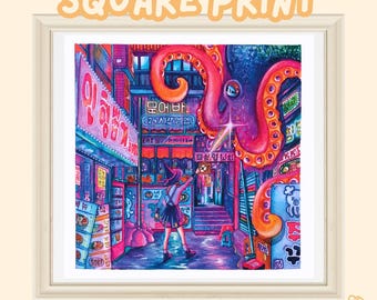 Neon Nights · 21 cm quadratischer Druck · Hexe · Niedliche Wandkunst · Magisch