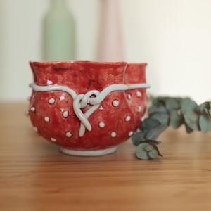Cookie pot with dots, red, toadstool, country style, flower pot, gift for her, red with dots, ceramic bowl, ladybug, strawberries