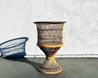 Vintage Rattan Hourglass Plant Stand - Vintage Wicker Planter - Boho Plant Stand - Vintage Indoor Rattan Planter