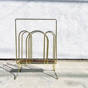 1950s Mid-Century Modern Gold Tone Magazine Rack Vintage Mid Century Vinyl Record Holder Vintage Metal Wood Magazine Rack image 1