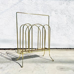 1950s Mid-Century Modern Gold Tone Magazine Rack Vintage Mid Century Vinyl Record Holder Vintage Metal Wood Magazine Rack image 2