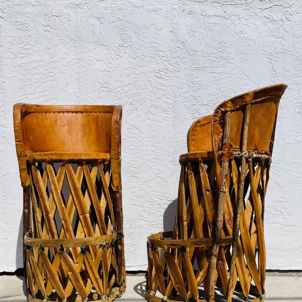 Vintage Mexican Equipale Barstools - Handmade Wood Pig Skin/Leather Mexican Chairs - Leather Barrel Barstools - Southwestern Decor