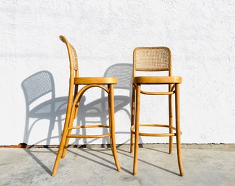 Vintage Hoffmann Bentwood Thonet ‘811’ Bar Stools by Fmg - Made In Poland - Mid Century Cane Chairs - MCM Hoffmann - Vintage Bentwood Stools