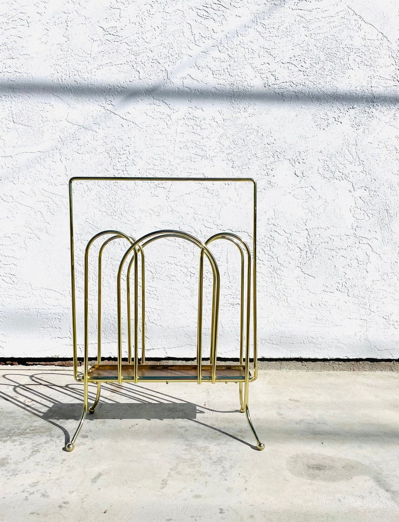 1950s Mid-Century Modern Gold Tone Magazine Rack Vintage Mid Century Vinyl Record Holder Vintage Metal Wood Magazine Rack image 1