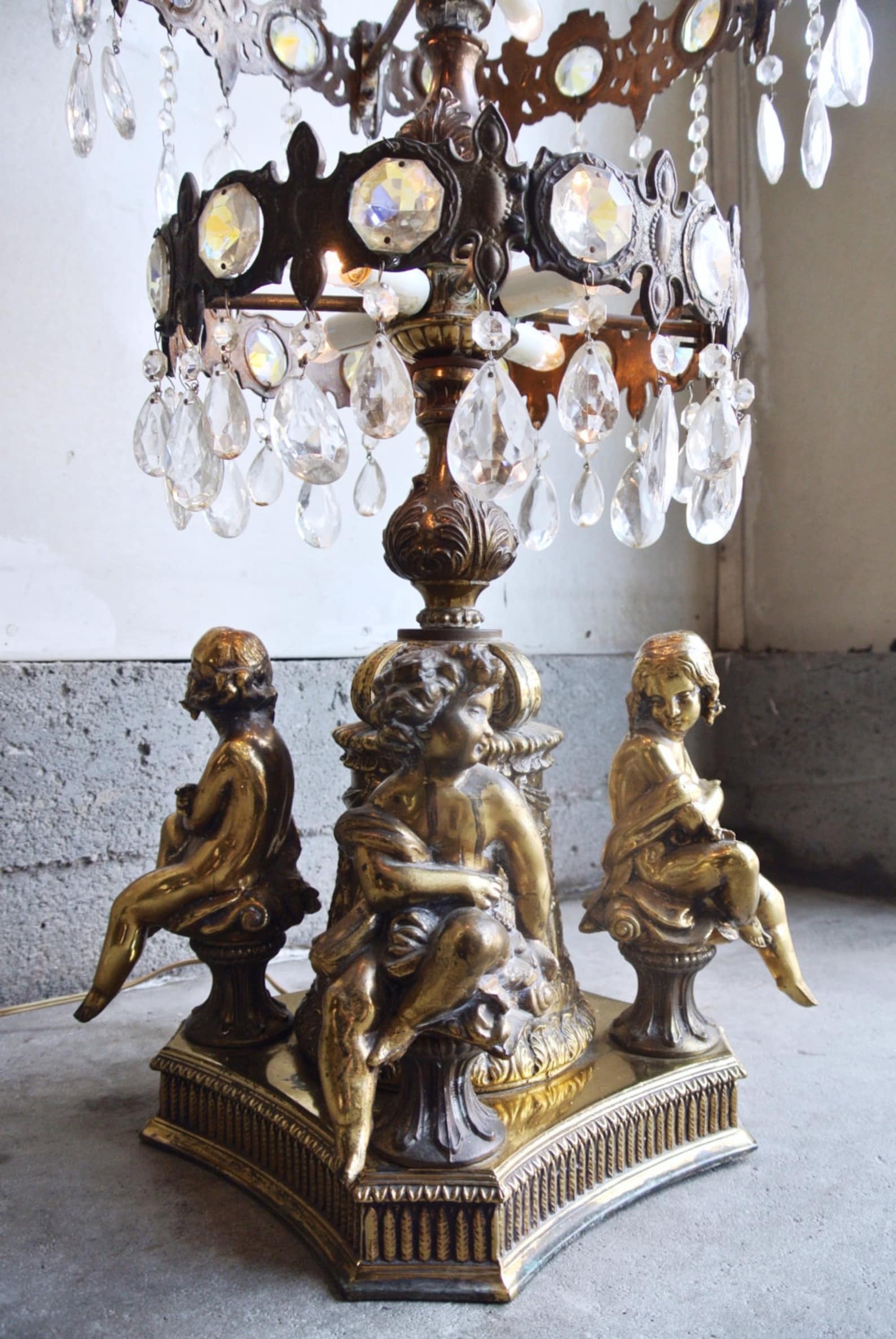 Stunning Vintage Brass Cherub Lamp With Crystals Large Etsy