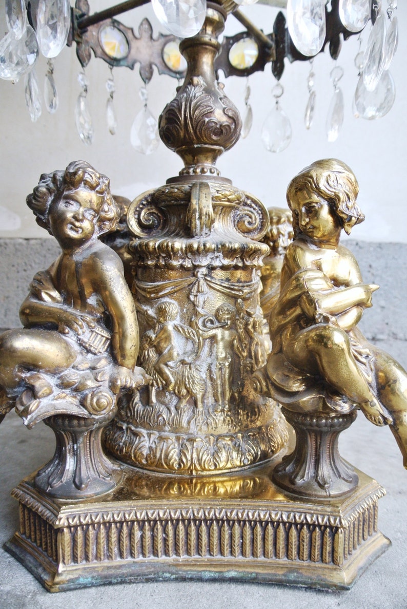 Stunning Vintage Brass Cherub Lamp With Crystals Large Etsy