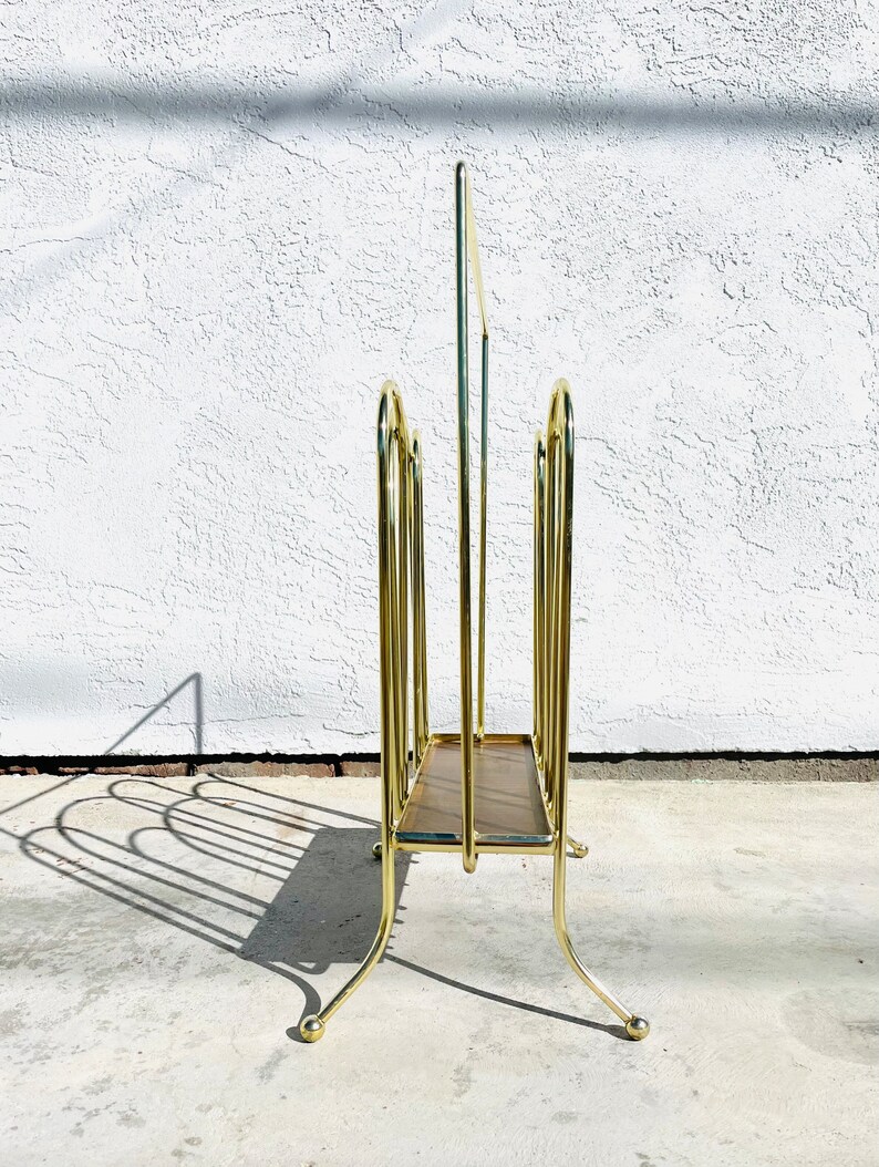 1950s Mid-Century Modern Gold Tone Magazine Rack Vintage Mid Century Vinyl Record Holder Vintage Metal Wood Magazine Rack image 6