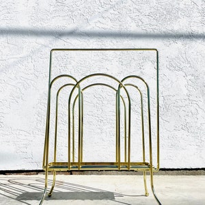 1950s Mid-Century Modern Gold Tone Magazine Rack Vintage Mid Century Vinyl Record Holder Vintage Metal Wood Magazine Rack image 4