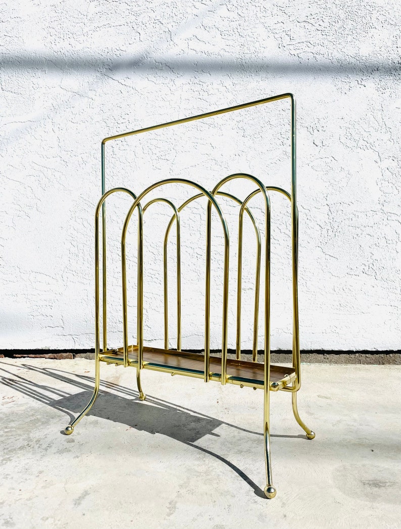 1950s Mid-Century Modern Gold Tone Magazine Rack Vintage Mid Century Vinyl Record Holder Vintage Metal Wood Magazine Rack image 3