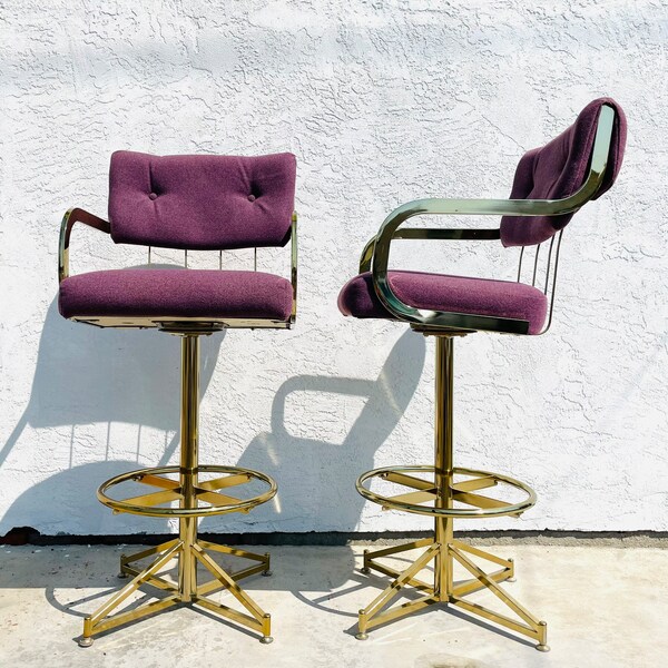 Vintage Milo Baughman Cal Style Brass Barstools - Brass Swivel Barstools - Postmodern Brass Barstools - Cal Style Counter Height Stools