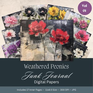 Papier numérique pour journal indésirable pivoines patinées, pages de scrapbooking grunge, fleurs éphémères imprimables, création de papier, collage, fabrication de cartes