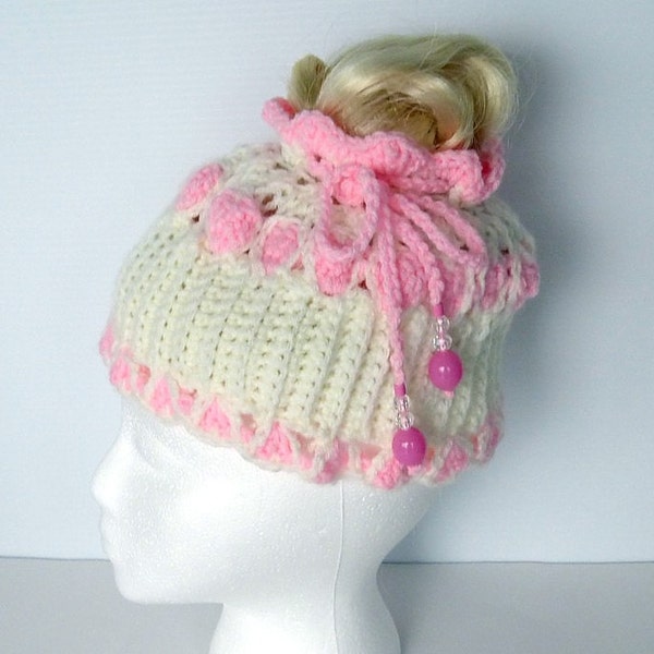 Child's Ponytail Hat with Petal Pink hearts and a beaded tie, Ribbed hat with adjustable tie to size