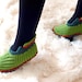 Slippers, Chilly Pepper Doubled Soles with grip, Handknit, FUN Slippers, In Stock , Adult US Size 4/5 Greens and Red Novelty Slippers