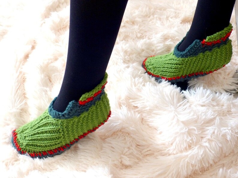 Slippers, Chilly Pepper Doubled Soles with grip, Handknit, FUN Slippers, In Stock , Adult US Size 4/5 Greens and Red Novelty Slippers 