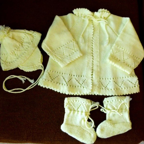 Handknit 3 piece baby layette, yellow for boy/girl