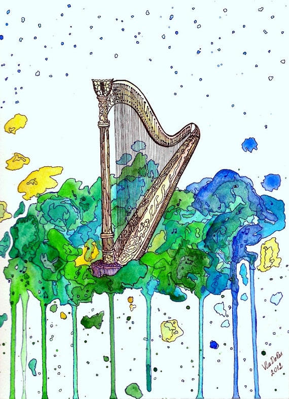Items similar to Original Watercolour Painting - Harp on Etsy