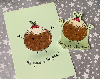 Christmas Pudding Holographic Sticker & Postcard Set, Good in the Pud Gift