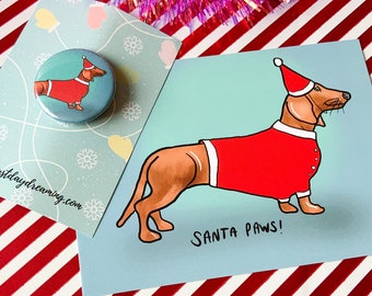 Santa Paws Dog Christmas Postcard & Badge Gift, Festive Sausage Dog