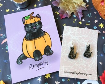 Halloween Glitter Black Cat Earrings & Card Gift Set