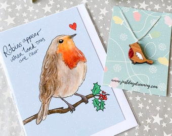 Festive Robin Necklace & Miss You Card Gift, Christmas Jewellery