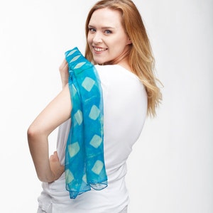 Silk scarf hand painted- shibori style scarf- ocean blue scarf- abstract long scarf- scarves for women- geometric design scarf- silk scarf