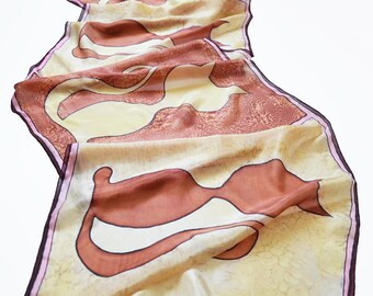 Painted cat scarf- Silk scarf hand painted- Brown Cat scarf- Silk scarf with cats- brown women scarf- Cat lovers gift- Animal scarves