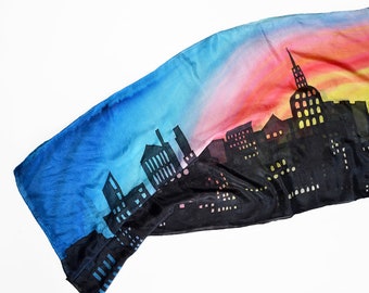 Silk Scarf painted City- Houses scarf- Silk scarf black- Bright silk scarf- Colorful shawl- Gift for architect- Women scarves- Long scarf