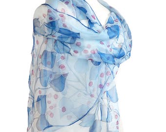 Blue Floral Silk scarf- Painted berries scarf- Pastel women scarf- Scarf for women- Chiffon scarf blue- Wrap Mother's Day- Mom Birthday Gift