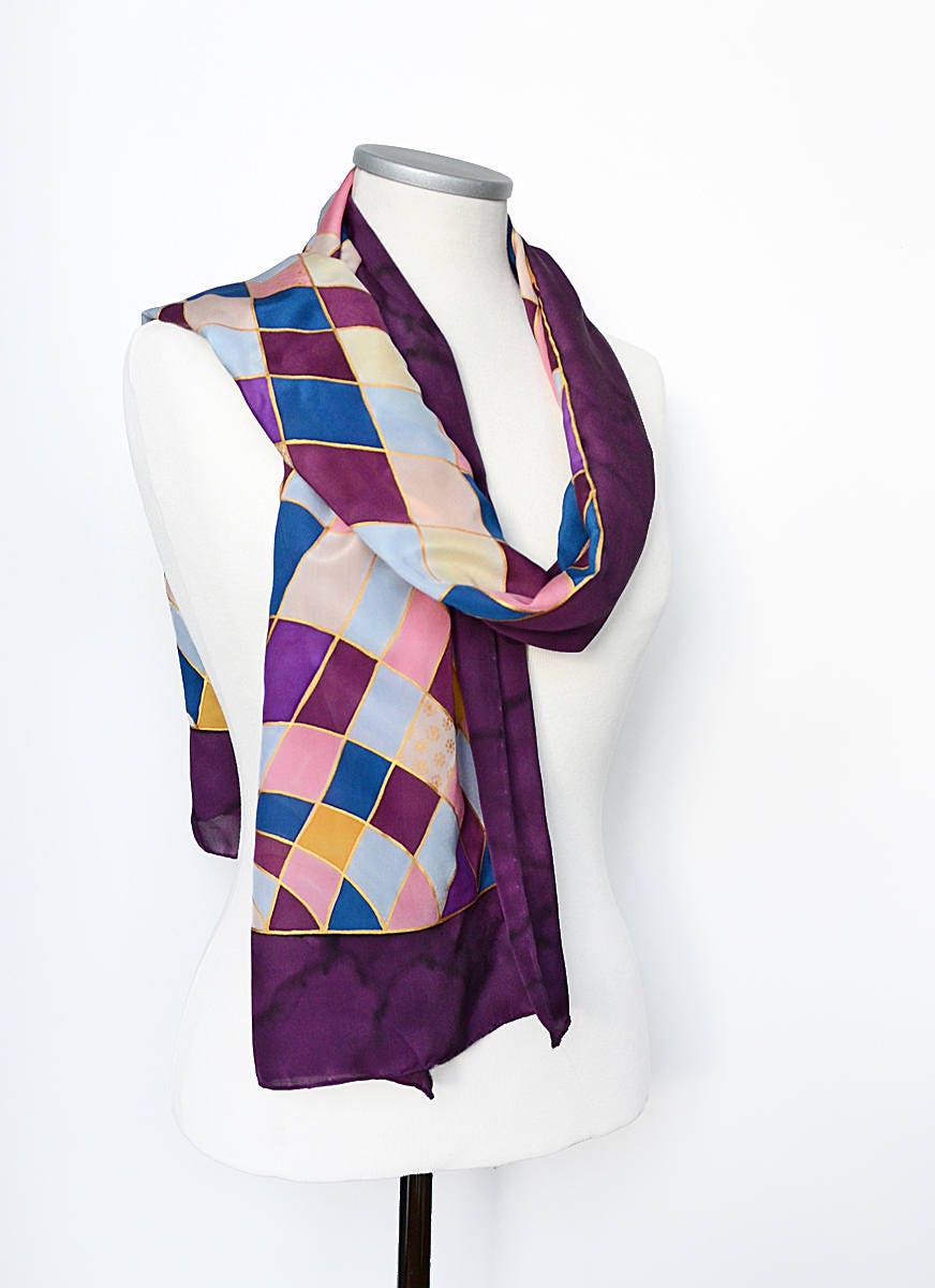 [JILLSTUART]★RHOMBUS STRAIGHT PATTERN SILK SCARF Hand Painted Geometric Scarf- Silk Scarf Handpainted