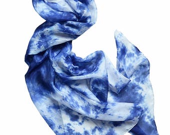 Blue White Silk scarf- Neck scarf- Hand dyed scarf- Abstract scarf- Scarves for women- Silk shawl- Women scarfs- Valentines day gift for her