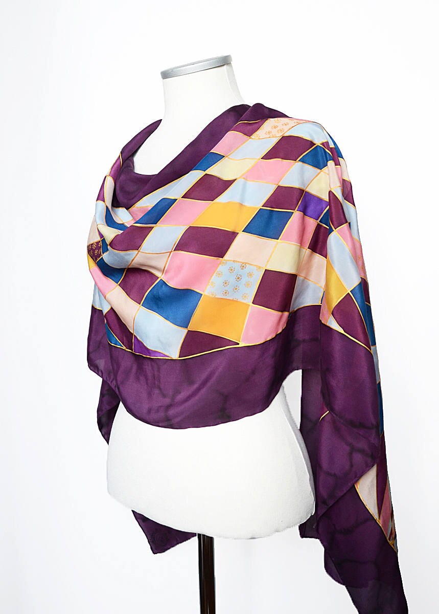 Hand Painted Geometric Scarf- Silk Scarf Handpainted