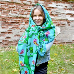 Blue Silk Scarf- Hand dyed scarf- scarf with birds- bright scarf turquoise- birds scarf- hand painted silk scarf- silk shawl- womens scarf