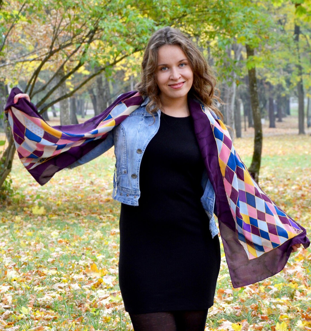 [JILLSTUART]★RHOMBUS STRAIGHT PATTERN SILK SCARF Hand Painted Geometric Scarf- Silk Scarf Handpainted